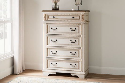 Realyn - Five Drawer Chest - White / Brown / Beige