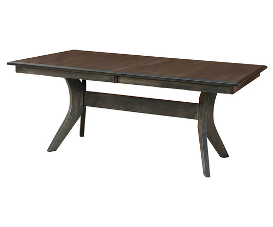 Wooden dining table with a dark brown finish on a white background