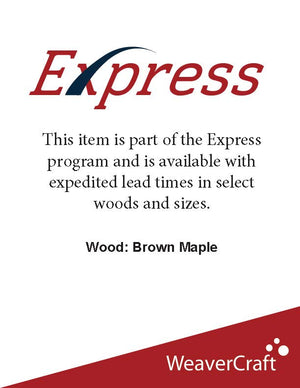 A pamphlet which reads "This item is part of the Express program and is available with expedited lead times in select woods and sizes. Wood: Brown Maple."