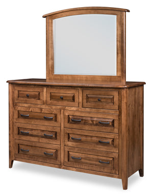 Bay Pointe 9 drawer dresser with mirror in brown maple with almond stain.